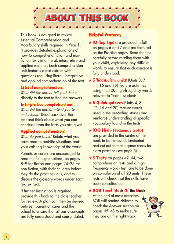 Sample interior page from the Blake's Back to Basics Comprehension and Vocabulary Year 1 workbook showing a unit of practice activities
