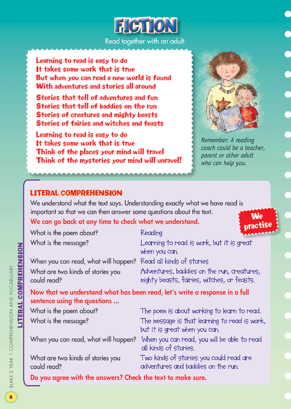 Sample interior page from the Blake's Back to Basics Comprehension and Vocabulary Year 1 workbook showing a unit of practice activities