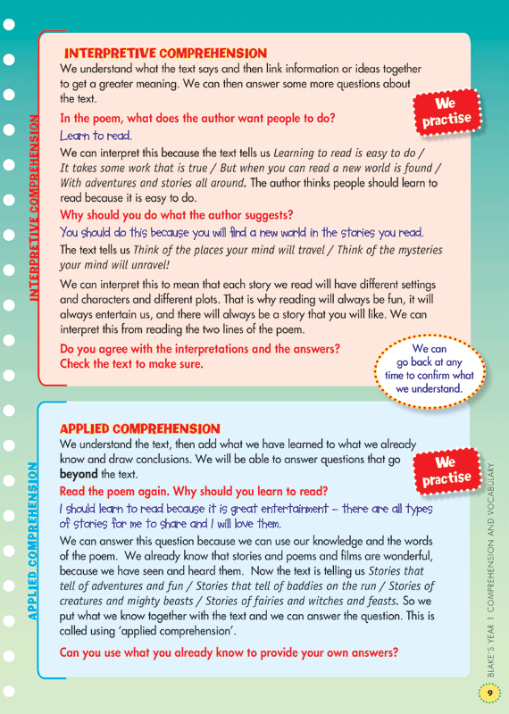 Sample interior page from the Blake's Back to Basics Comprehension and Vocabulary Year 1 workbook showing a unit of practice activities
