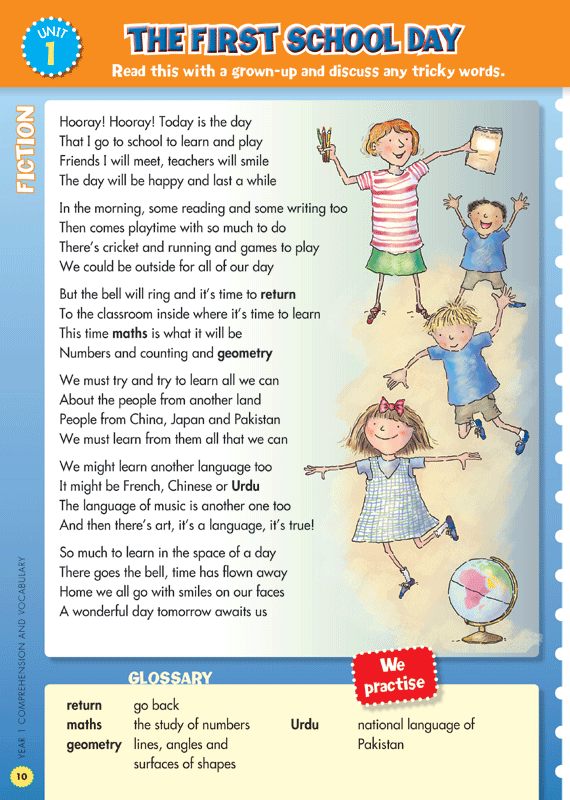 Sample interior page from the Blake's Back to Basics Comprehension and Vocabulary Year 1 workbook showing a unit of practice activities