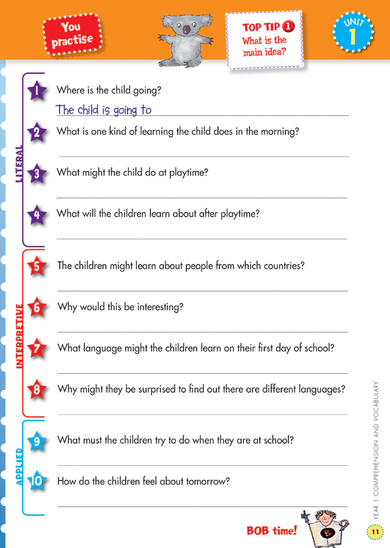 Sample interior page from the Blake's Back to Basics Comprehension and Vocabulary Year 1 workbook showing a unit of practice activities