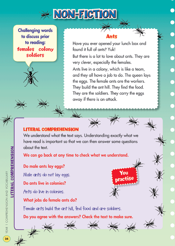 Sample interior page from the Blake's Back to Basics Comprehension and Vocabulary Year 1 workbook showing a unit of practice activities