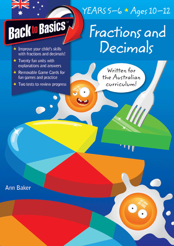 Front cover of the Blake's Back to Basics Fractions and Decimals Years 5-6 workbook from Pascal Press, shown as the main product image