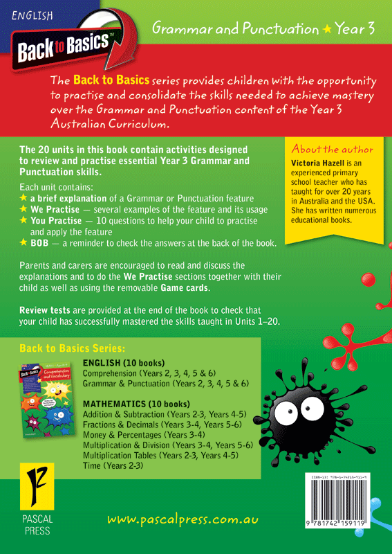 Back cover of the Blake's Back to Basics Grammar and Punctuation Year 3 workbook from Pascal Press, with the series blurb