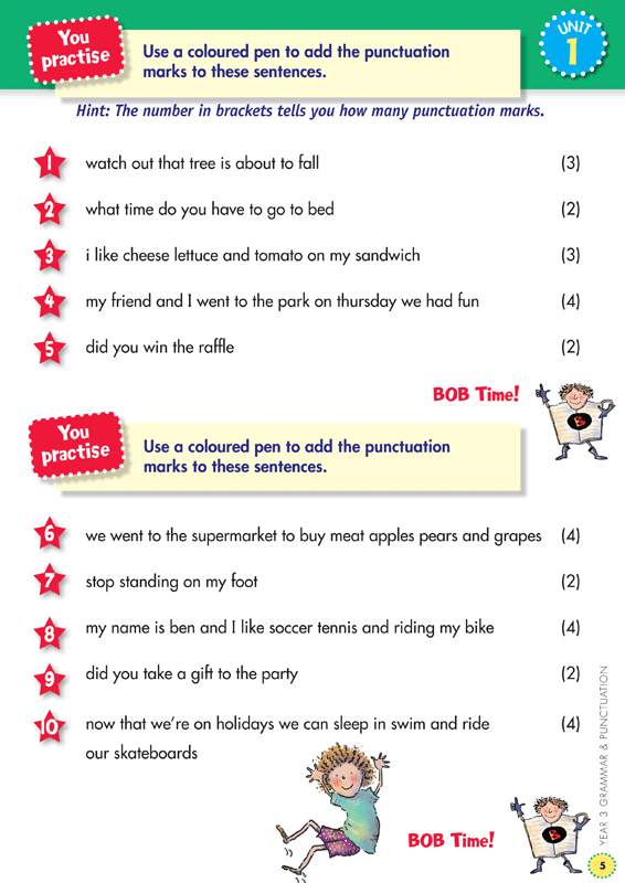 Sample interior page from the Blake's Back to Basics Grammar and Punctuation Year 3 workbook showing a unit of practice activities