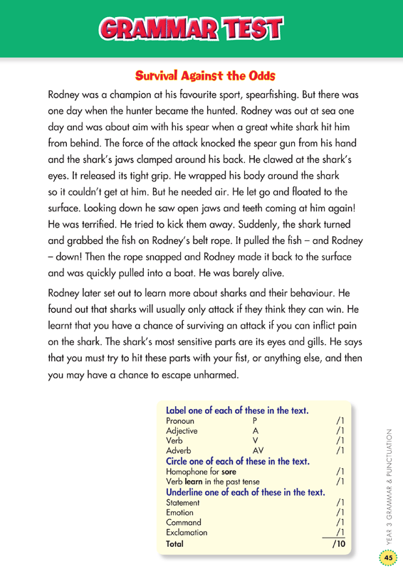 Sample interior page from the Blake's Back to Basics Grammar and Punctuation Year 3 workbook showing a unit of practice activities