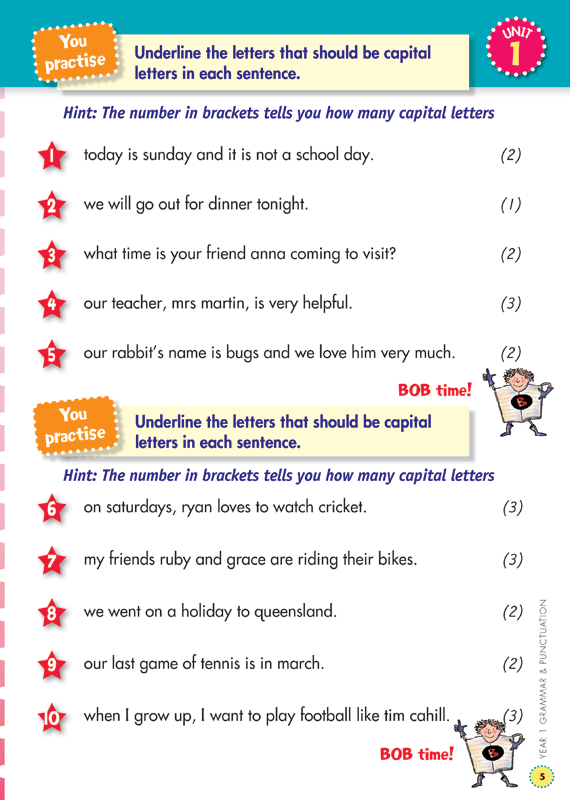 Sample interior page from the Blake's Back to Basics Grammar and Punctuation Year 1 workbook showing a unit of practice activities