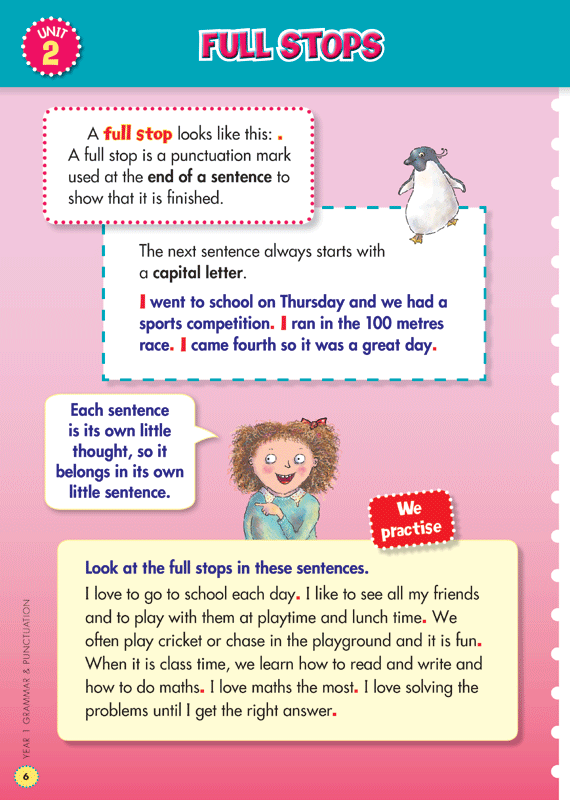 Sample interior page from the Blake's Back to Basics Grammar and Punctuation Year 1 workbook showing a unit of practice activities