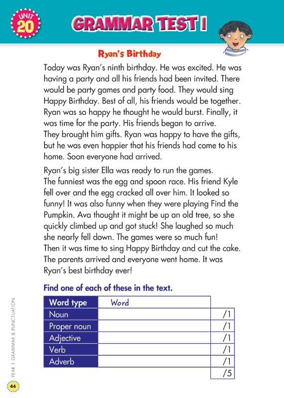 Sample interior page from the Blake's Back to Basics Grammar and Punctuation Year 1 workbook showing a unit of practice activities