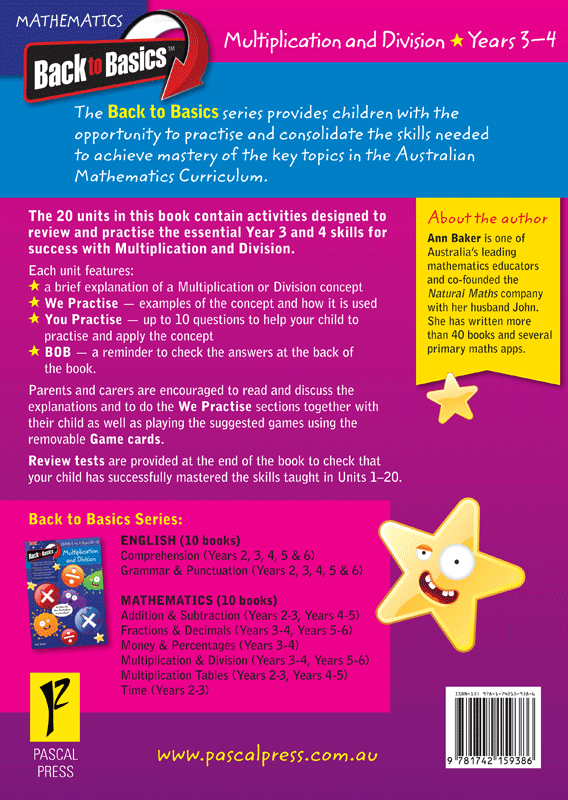 Back cover of the Blake's Back to Basics Multiplication and Division Years 3-4 workbook from Pascal Press with the series summary