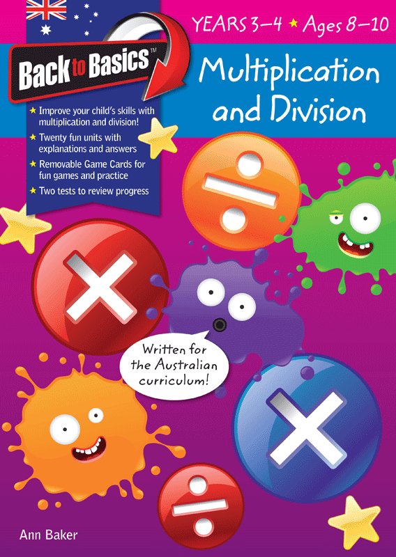 Front cover of the Blake's Back to Basics Multiplication and Division Years 3-4 workbook from Pascal Press, shown as the main product image