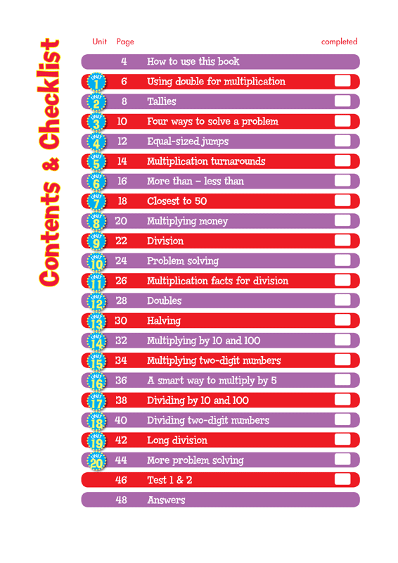 Contents page from the Blake's Back to Basics Multiplication and Division Years 3-4 workbook listing the units in order