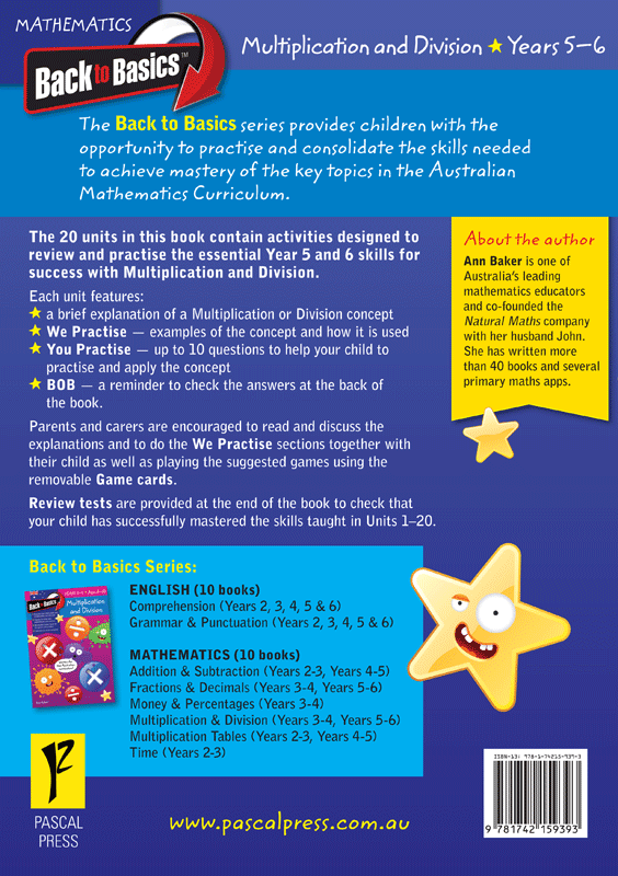 Back cover of the Blake's Back to Basics Multiplication and Division Years 5-6 workbook from Pascal Press with the series summary