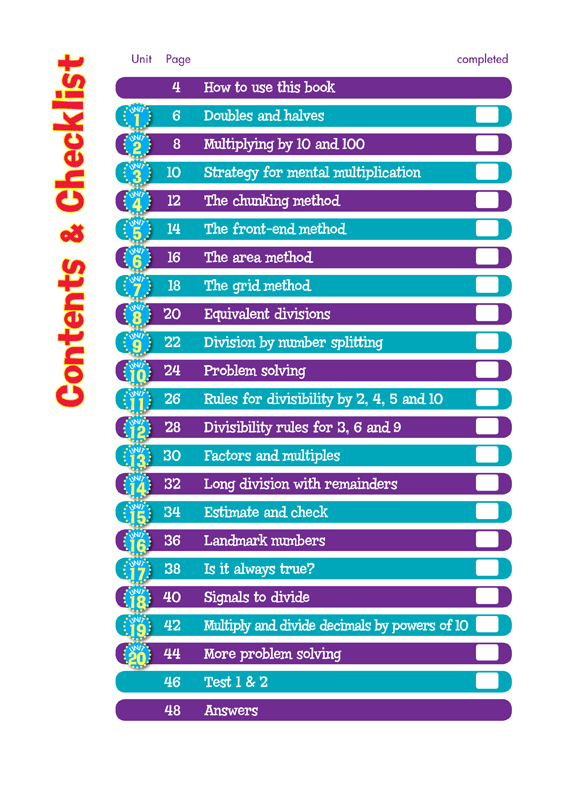 Contents page from the Blake's Back to Basics Multiplication and Division Years 5-6 workbook listing the units in order