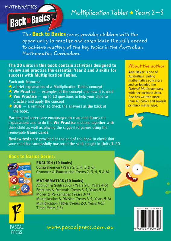 Back cover of the Blake's Back to Basics Multiplication Tables Book 1 Years 2-3 workbook from Pascal Press with the series summary