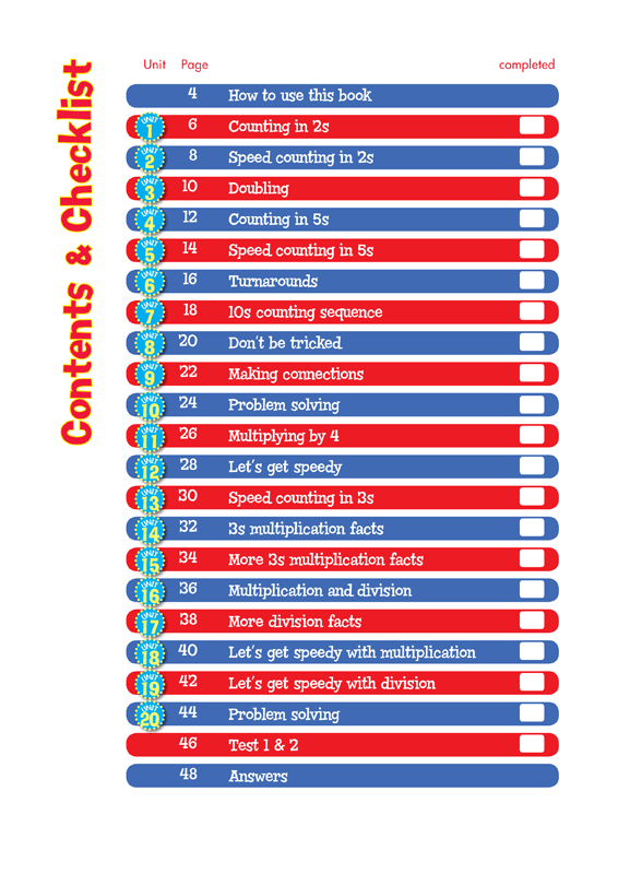 Contents page from the Blake's Back to Basics Multiplication Tables Book 1 Years 2-3 workbook listing the units in order