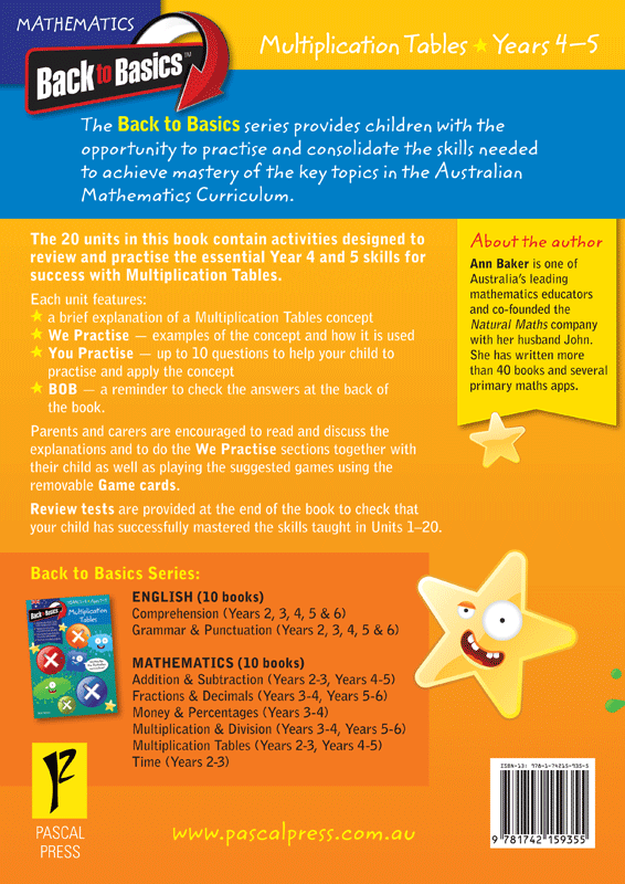Back cover of the Blake's Back to Basics Multiplication Tables Book 2 Years 4-5 workbook from Pascal Press with the series summary