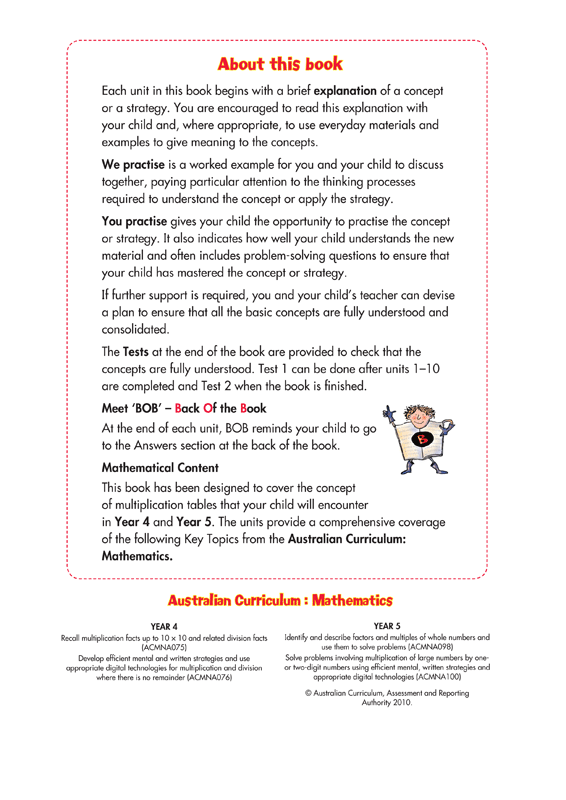 About this book page from the Blake's Back to Basics Multiplication Tables Book 2 Years 4-5 workbook explaining how each unit is set out