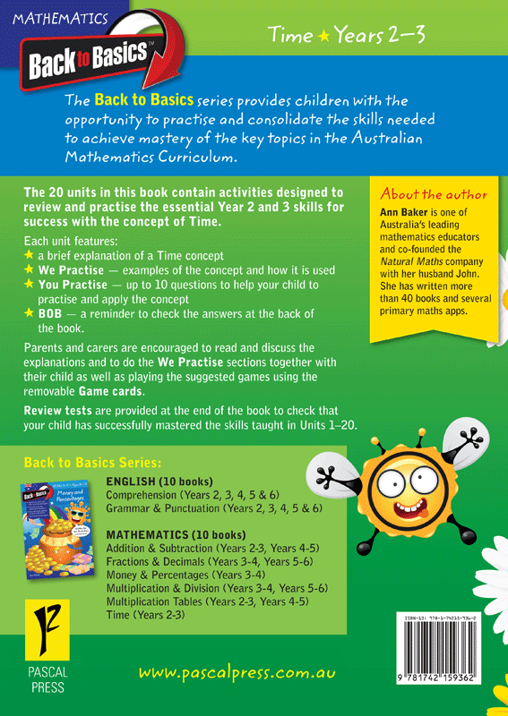 Back cover of the Blake's Back to Basics Time Years 2-3 workbook from Pascal Press with the series summary