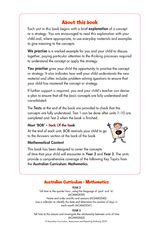 About this book page from the Blake's Back to Basics Time Years 2-3 workbook explaining how each unit is set out