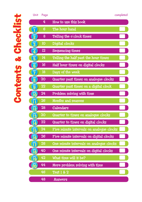 Contents page from the Blake's Back to Basics Time Years 2-3 workbook listing the units in order