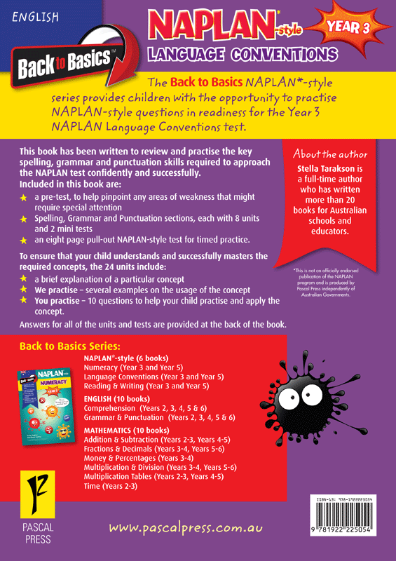 Back cover of the Blake's Back to Basics Year 3 NAPLAN-style Language Conventions workbook from Pascal Press with the series summary