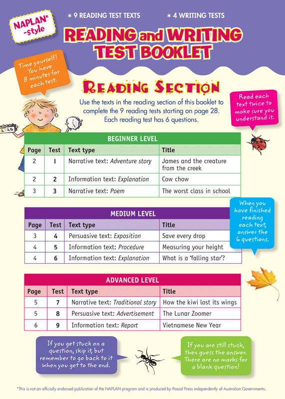 Opening page of the pull-out practice test from the Blake's Back to Basics Year 3 NAPLAN-style Reading and Writing workbook