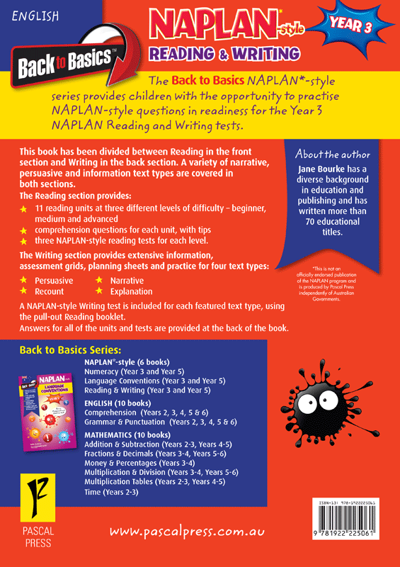 Back cover of the Blake's Back to Basics Year 3 NAPLAN-style Reading and Writing workbook with the series overview