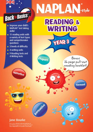 Front cover of the Blake's Back to Basics Year 3 NAPLAN-style Reading and Writing workbook from Pascal Press