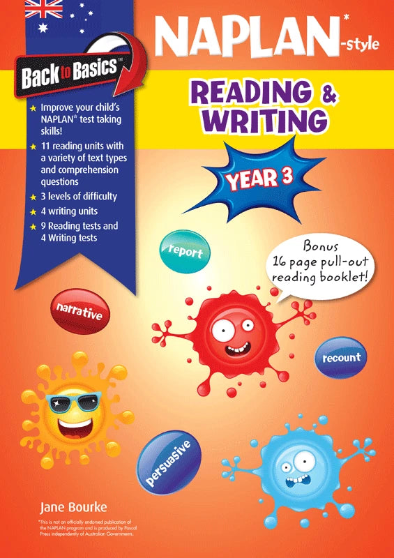 Front cover of the Blake's Back to Basics Year 3 NAPLAN-style Reading and Writing workbook from Pascal Press