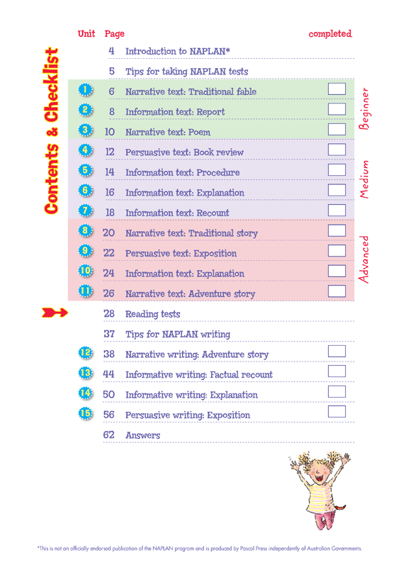 Contents page listing the units and tests in the Blake's Back to Basics Year 3 NAPLAN-style Reading and Writing workbook