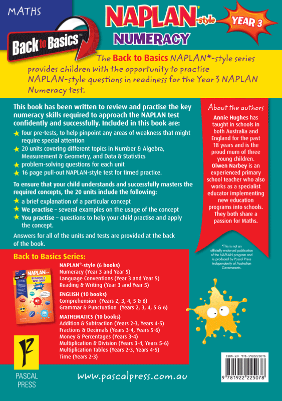 Back cover of the Blake's Back to Basics Year 3 NAPLAN-style Numeracy workbook with the series overview