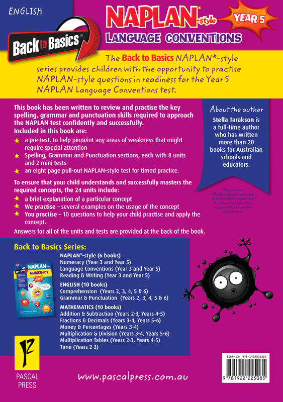 Back cover of the Blake's Back to Basics Year 5 NAPLAN-style Language Conventions workbook with the series overview