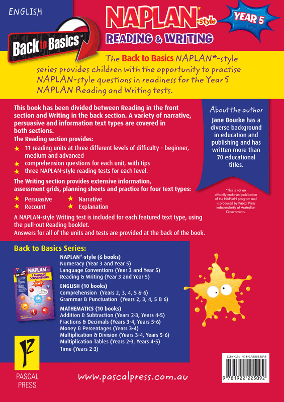 Back cover of the Blake's Back to Basics Year 5 NAPLAN-style Reading and Writing workbook with the series overview
