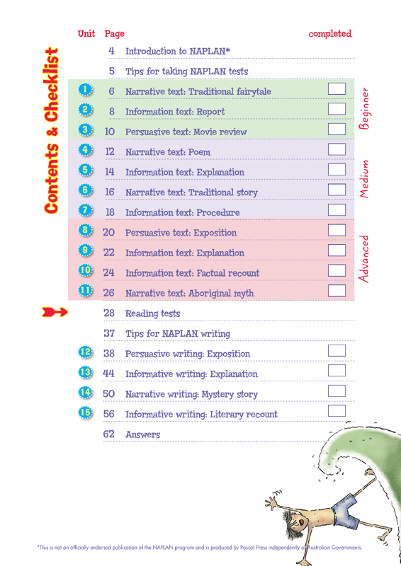 Contents page listing the units and tests in the Blake's Back to Basics Year 5 NAPLAN-style Reading and Writing workbook