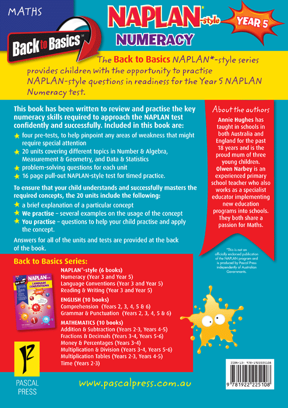 Back cover of the Blake's Back to Basics Year 5 NAPLAN-style Numeracy workbook with the series overview