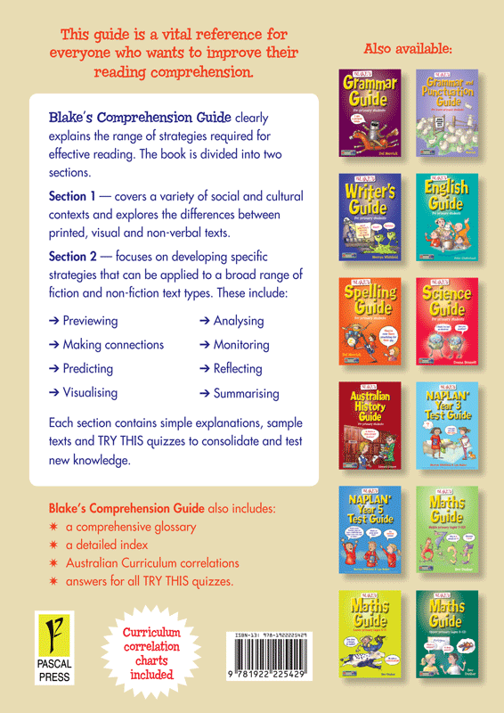 Back cover of Blake's Comprehension Guide showing the series branding and a summary of the book's contents