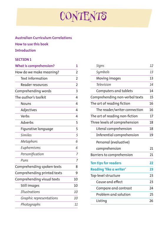 Contents page from Blake's Comprehension Guide listing the sections and topics covered in the guide