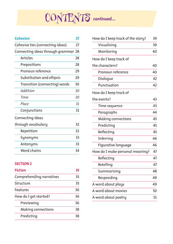 Contents page from Blake's Comprehension Guide listing the sections and topics covered in the guide