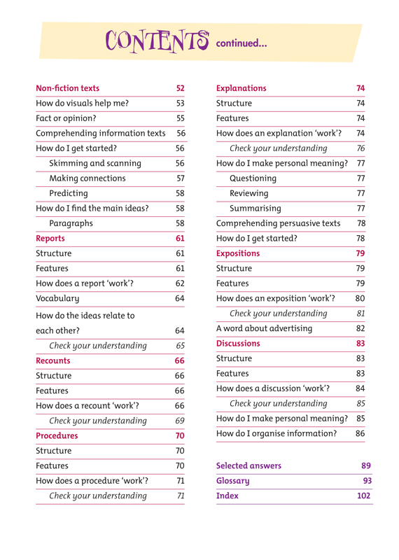 Contents page from Blake's Comprehension Guide listing the sections and topics covered in the guide