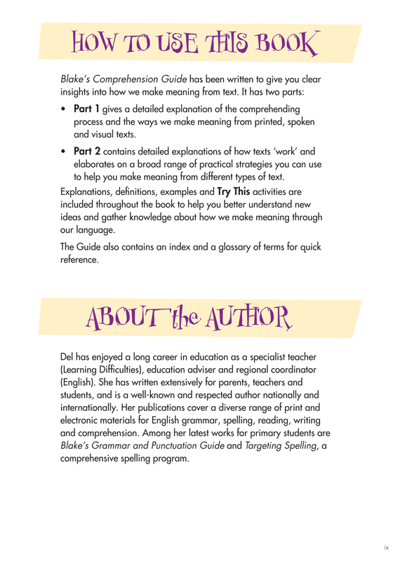 Sample interior page from Blake's Comprehension Guide showing explanations and worked examples in colour