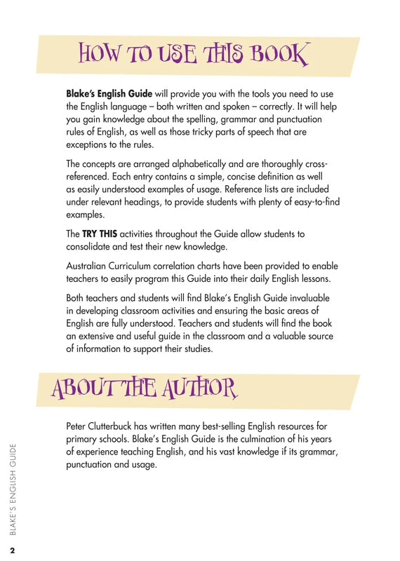 Sample interior page from Blake's English Guide showing explanations and worked examples in colour