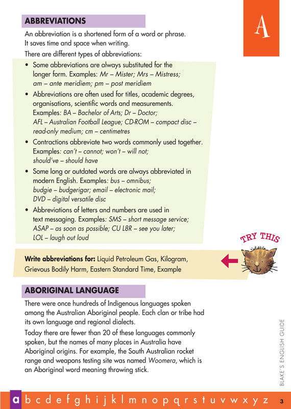 Sample interior page from Blake's English Guide showing explanations and worked examples in colour