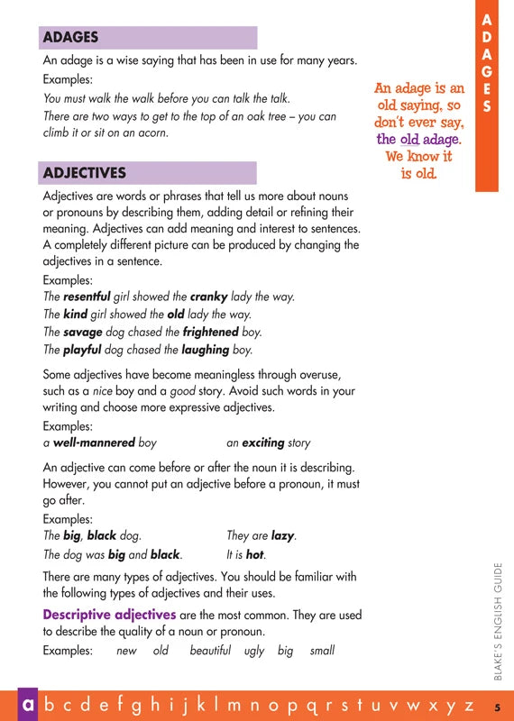 Sample interior page from Blake's English Guide showing explanations and worked examples in colour