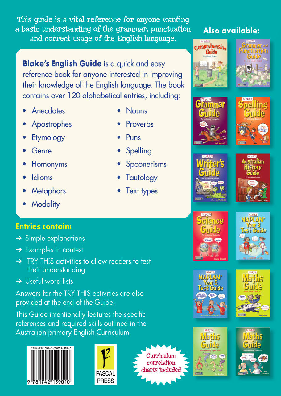 Back cover of Blake's English Guide showing the series branding and a summary of the book's contents