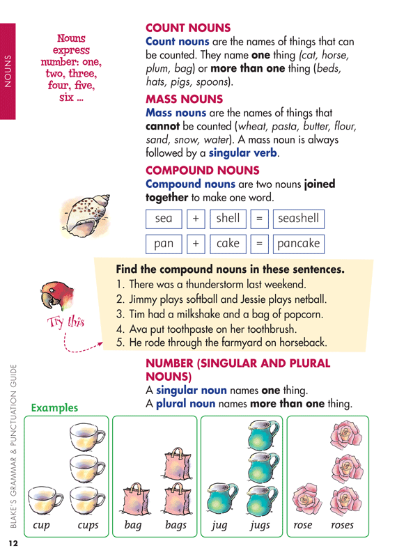Sample interior page from Blake's Grammar and Punctuation Guide Lower Primary showing explanations and worked examples in colour