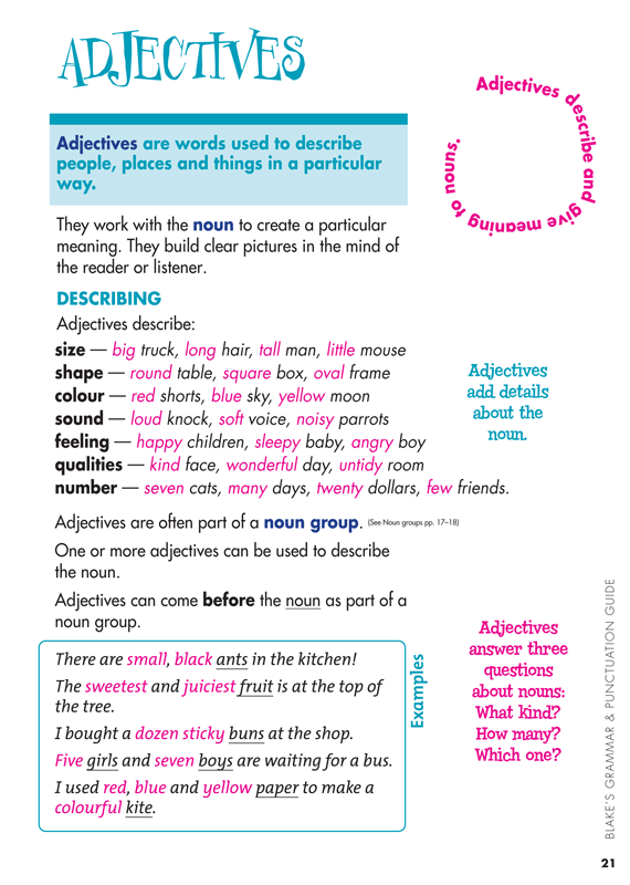 Sample interior page from Blake's Grammar and Punctuation Guide Lower Primary showing explanations and worked examples in colour