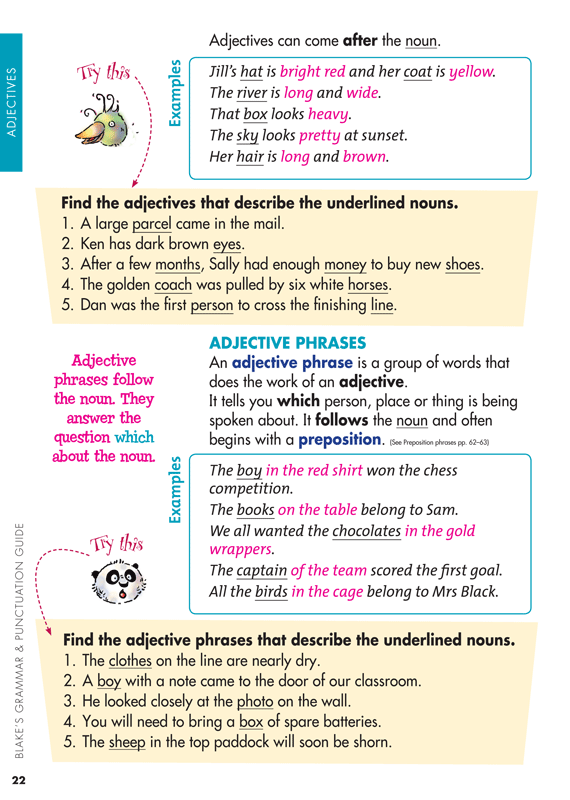 Sample interior page from Blake's Grammar and Punctuation Guide Lower Primary showing explanations and worked examples in colour