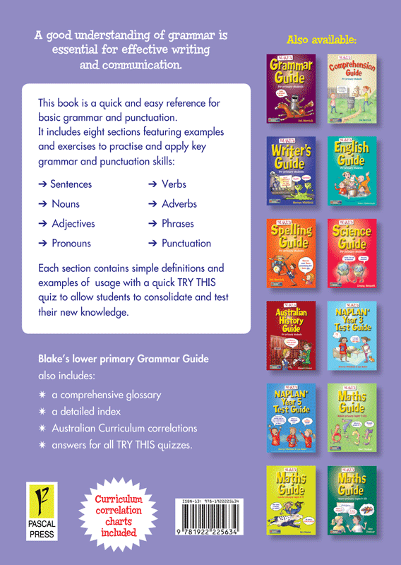 Back cover of Blake's Grammar and Punctuation Guide Lower Primary showing the series branding and a summary of the book's contents