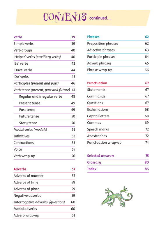 Contents page from Blake's Grammar and Punctuation Guide Lower Primary listing the sections and topics covered in the guide